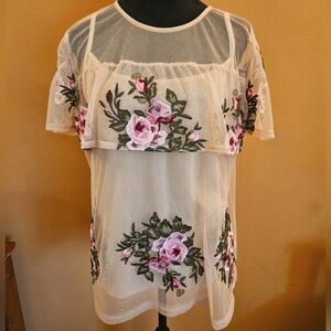 INC International Concepts Light Tan and Pink Flutter Sleeve Blouse